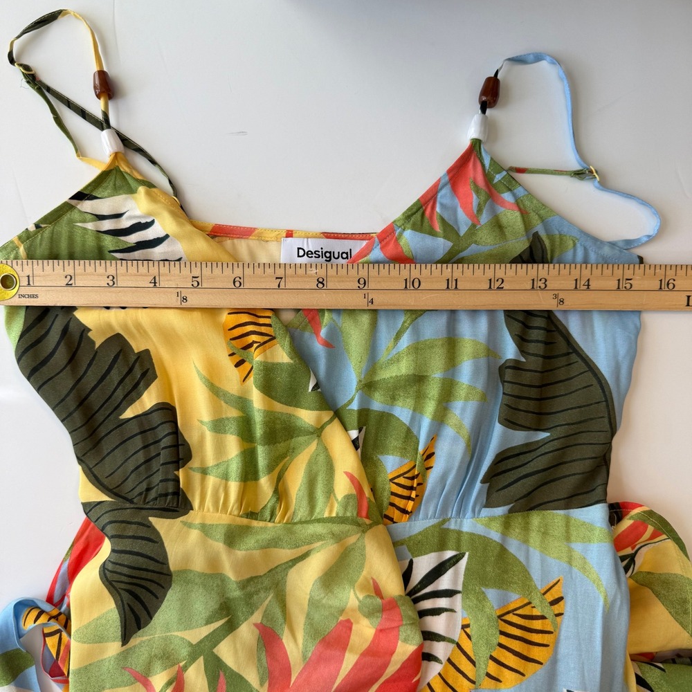 Desigual Tropical Floral Wrap Midi Dress Yellow Boho Resort Beach Vacation M - Picture 14 of 15